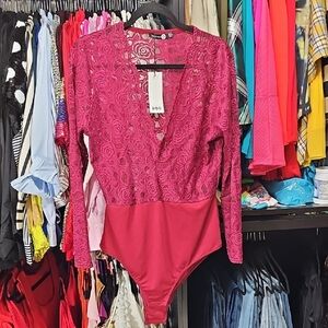 Burgundy Lace Long Sleeve Bodysuit
